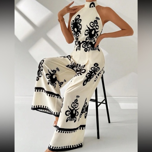 Boho Floral Paisley Print Halter Neck Pockets Pleated Wide Leg Pants Jumpsuit - Picture 3 of 5